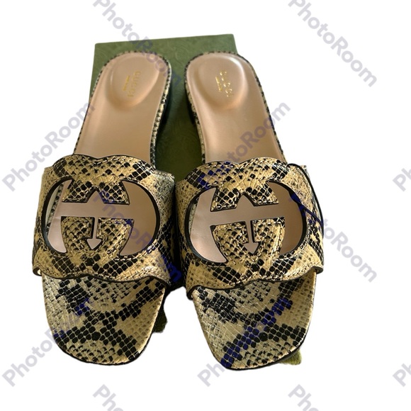 Gucci Shoes - GUCCI Cut-out 'Interlocking G - Neutral', Python Calf Slide Sandals, size 40,NWT